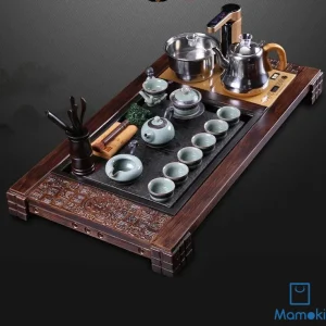 Bộ Bàn Trà Đạo Thông Minh Khung Gỗ Chạm Khắc Chữ Phúc Mặt Đá Tự Nhiên Kèm Trọn Bộ Ấm Chén Sứ Men Xanh Celadon Cao Cấp