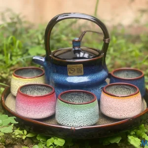 Bộ Ấm Chén Gốm Men Hỏa Biến Đa Sắc "Ngũ Hành Hội Tụ" - Kèm Khay Đồng Bộ