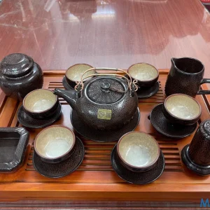 Bộ Ấm Chén Men Đen Giọt Nước (Thiên Mục) Cao Cấp - Lòng Chén Sáng Màu (Bản Đầy Đủ Phụ Kiện)