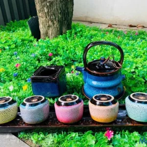 Bộ Ấm Chén Gốm Men Hỏa Biến "Ngũ Sắc" - Khay Chữ Nhật Họa Tiết Nổi Kèm Gạt Tàn