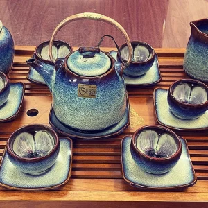 Bộ Ấm Chén Men Hỏa Biến Xanh Thiên Thanh - Lòng Chén Men Hoa Nghệ Thuật (Bản Đủ Phụ Kiện)