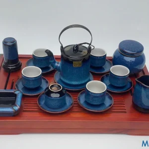 Bộ Ấm Chén Gốm Sứ Men Hỏa Biến Xanh Dương Dáng Trụ