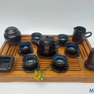 Bộ Ấm Chén Gốm Sứ Men Hỏa Biến Đốm Nâu Lòng Xanh Dương