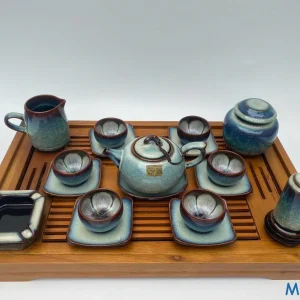 Bộ Ấm Chén Gốm Sứ Men Hỏa Biến Xanh Ngọc Viền Nâu Lòng Cánh Hoa