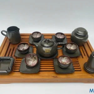 Bộ Ấm Chén Gốm Sứ Men Xám Trầm Viền Nâu Lòng Hỏa Biến Cánh Hoa