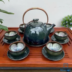 Bộ Ấm Chén Gốm Sứ Men Xanh Thẫm Quai Đồng Lòng Hỏa Biến Cánh Hoa