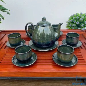 Bộ Ấm Chén Gốm Sứ Men Hỏa Biến Xanh Rêu Chuyển Sắc Dáng Chuông