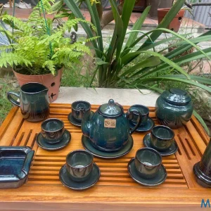 Bộ Ấm Chén Gốm Sứ Men Hỏa Biến Xanh Lam Chuyển Sắc Dáng Chuông