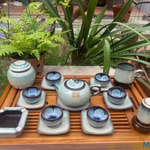 Bộ Ấm Chén Gốm Sứ Men Hỏa Biến Xanh Ngọc Lam Viền Nâu Lòng Cánh Hoa