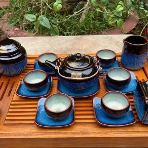 Bộ Ấm Chén Gốm Sứ Men Đen Phối Xanh Dương Đốm Sao Lòng Ngọc Bích