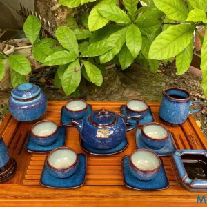 Bộ Ấm Chén Gốm Sứ Men Hỏa Biến Xanh Dương Đốm Sao Viền Nâu Lòng Ngọc Bích