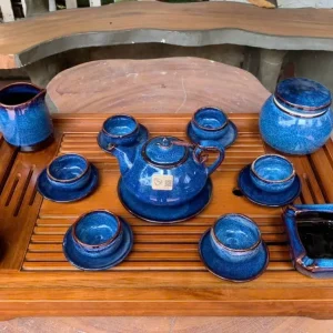 Bộ Ấm Chén Gốm Sứ Men Hỏa Biến Xanh Dương Đốm Sao Viền Nâu