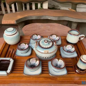 Bộ Ấm Chén Gốm Sứ Men Hỏa Biến Xanh Ngọc Sương Mờ Lòng Cánh Hoa