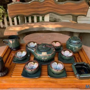 Bộ Ấm Chén Gốm Sứ Men Hỏa Biến Xanh Lục Thẫm Lòng Cánh Hoa