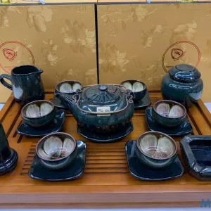Bộ Ấm Chén Gốm Sứ Men Hỏa Biến Xanh Lục Bảo Lòng Hoa Nghệ Thuật