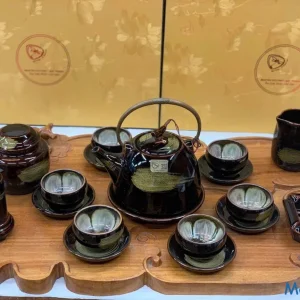 Bộ Ấm Chén Gốm Sứ Men Đen Họa Tiết Quét Vàng Nghệ Thuật