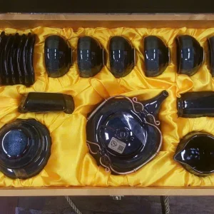 Bộ Ấm Chén Gốm Sứ Men Hỏa Biến Xanh Đen Quai Đồng Cao Cấp