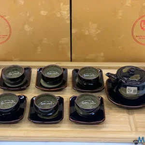 Bộ Ấm Chén Gốm Sứ Men Đen Bóng Phối Vân Gấm Xám Xanh Đĩa Vuông
