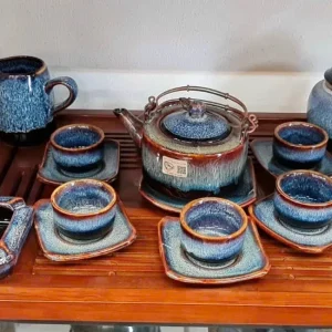 Bộ Ấm Chén Gốm Sứ Men Hỏa Biến Xanh Dương Chuyển Sắc Đỏ Đồng Quai Nghệ Thuật