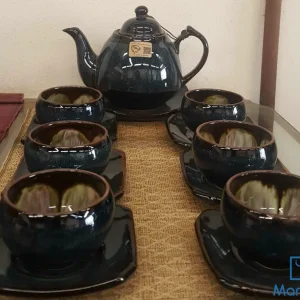 Bộ Ấm Chén Gốm Sứ Men Hỏa Biến Xanh Đen Lòng Hoa Nghệ Thuật
