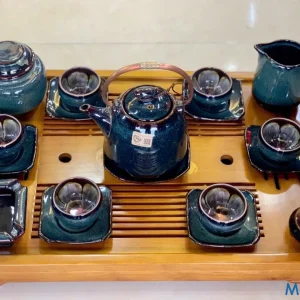 Bộ Ấm Chén Gốm Sứ Men Hỏa Biến Xanh Ngọc Thẫm Dáng Chuông Quai Đồng