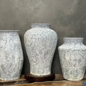 Bình Gốm Men Khô Rạn Chạm Nổi Hoa Văn