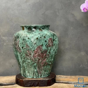 Bình Gốm Men Khô Xanh Họa Tiết Hoa Nổi