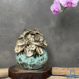 Bình Gốm Men Khô Dáng Tròn Xanh Ngọc Đính Hoa Nổi