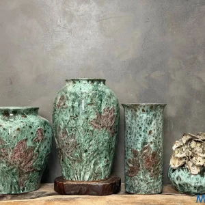 Bộ Bình Gốm Men Khô Hoa Sen Xanh Rêu Trang Trí
