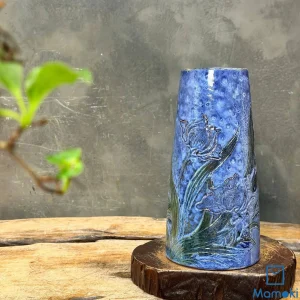 Bình Gốm Men Khô Dáng Trụ Xanh Lam Họa Tiết Hoa Nổi