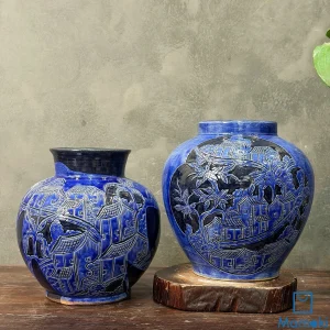 Bình Gốm Men Lam Chạm Khắc Phong Cảnh Làng Quê