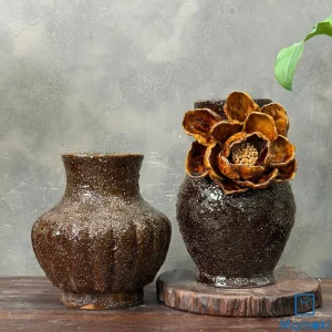Bình Gốm Men Khô Hoa Nổi Nâu Trầm