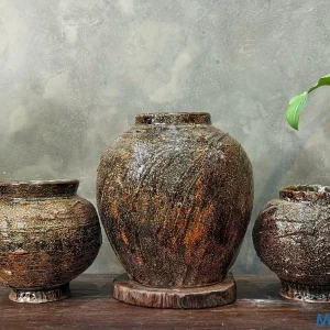 Bình Gốm Men Khô Dáng Quai Nâu Đen Mộc