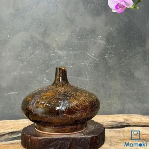 Bình Gốm Men Khô Nâu Ánh Vàng Dáng Dẹt Vân Hoa
