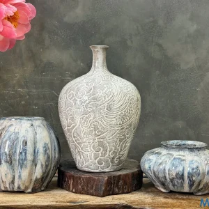 Bình Gốm Men Khô Trắng Xám Họa Tiết Rồng Phượng