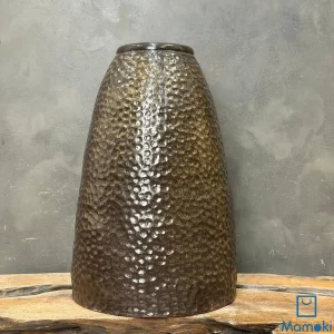 Bình Gốm Men Khô Nâu Đen Dáng Côn Vân Nổi