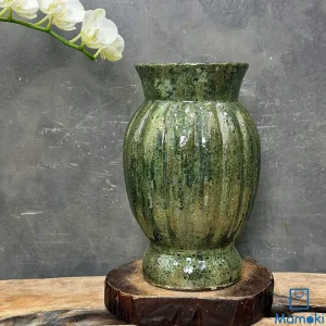 Bình Gốm Men Khô Xanh Rêu Dáng Sọc Cổ Loe