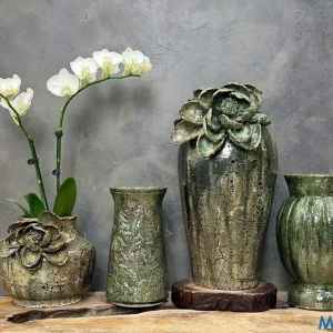 Bình Gốm Men Khô Hoa Sen Xanh Rêu Trang Trí