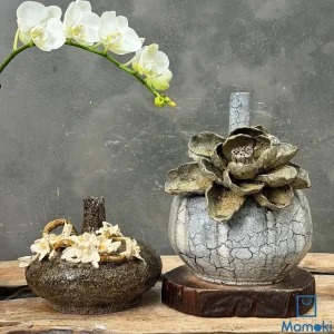 Bình Gốm Men Khô Hoa Sen Vân Rạn Xám Nâu