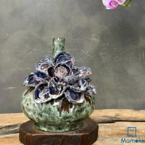 Bình gốm men khô hoa sen xanh rêu dáng bầu