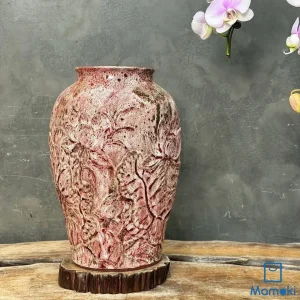 Bình gốm men khô hoa sen hồng khắc nổi