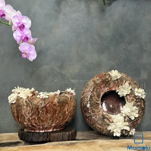 Bộ bình gốm men khô hoa trắng nâu đỏ nghệ thuật