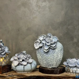 Bộ decor gốm men rạn hoa sen xám xanh kèm đèn