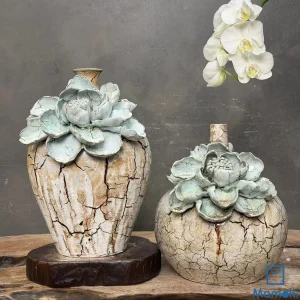 Bộ bình gốm men rạn hoa sen xanh ngọc