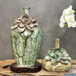 Bộ bình gốm men rạn hoa sen xanh cổ điển