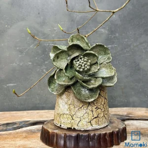 Chậu Gốm Men Khô Mini "Lục Hoa Sa Thạch" - Hiệu Ứng Đất Nẻ & Hoa Đắp Nổi 3D