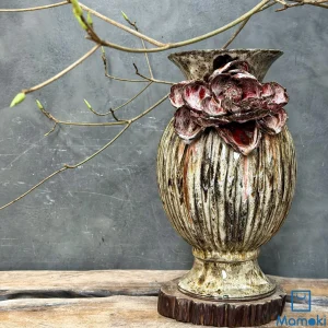 Bình Gốm Men Khô Dáng Lư "Huyết Liên Mộc Trụ" - Vân Sọc Chìm & Hoa Đắp Nổi 3D