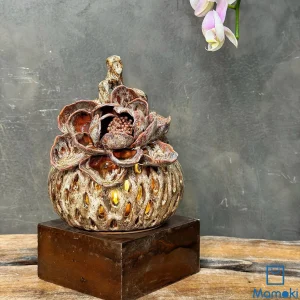 Lư Đèn Gốm Men Khô "Hỏa Liên Tỏa Sáng" - Khắc Lộng Thấu Quang & Hoa Đắp Nổi 3D