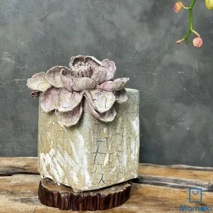 Bình Gốm Men Khô Dáng Vuông "Thạch Trụ Phấn Liên" - Hiệu Ứng Đất Nẻ & Hoa Đắp Nổi 3D