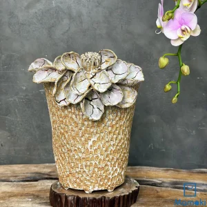 Bình Gốm Men Khô Dáng Trụ "Cổ Mộc Tuyết Liên" - Hiệu Ứng Vỏ Cây & Hoa Đắp Nổi 3D
